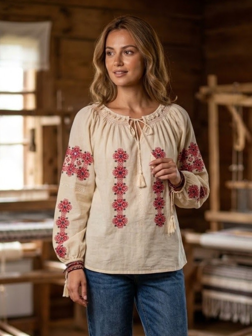 Haute Hippie Cream Peasant Top with Red Floral Embroidery